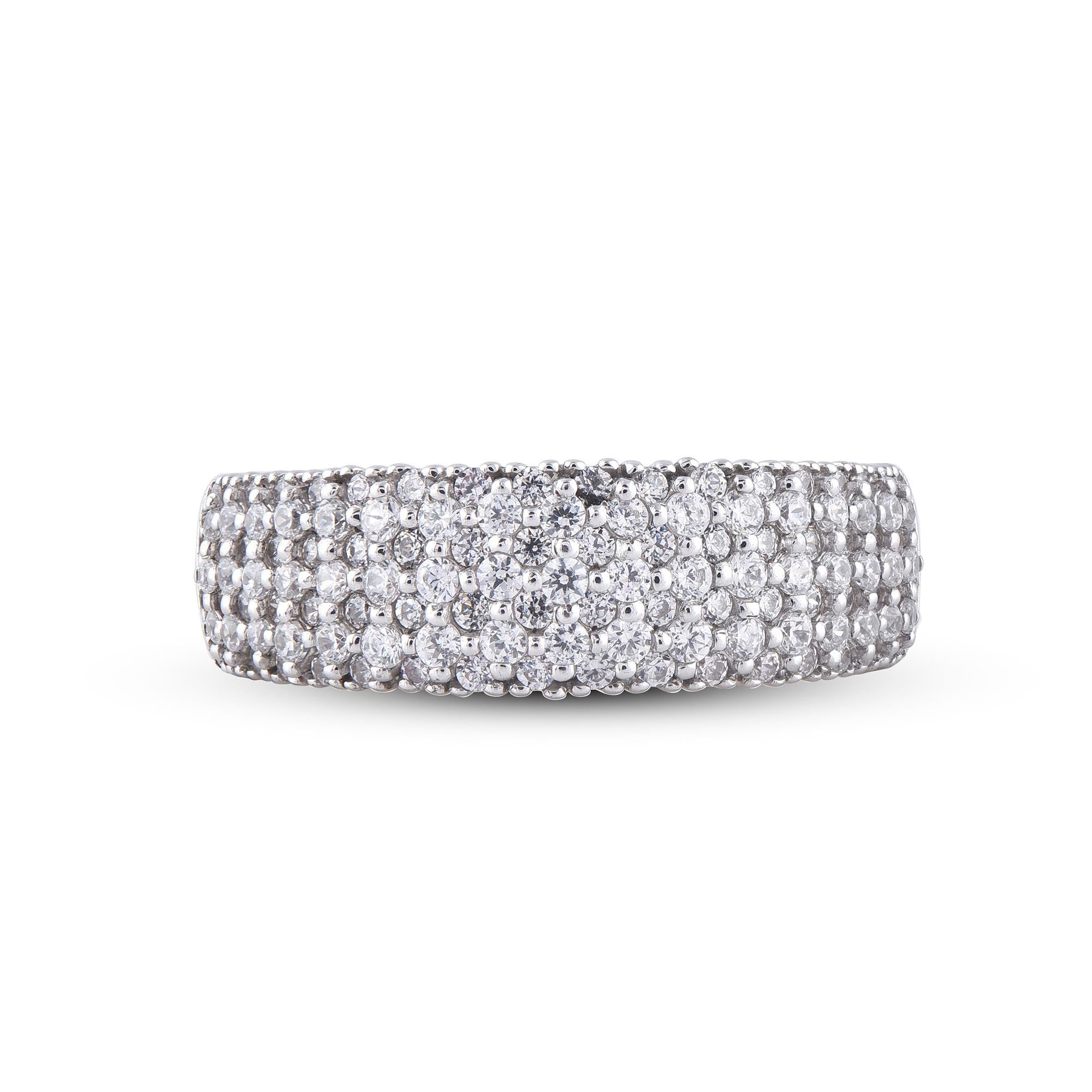 Stunning and classic, this diamond ring is beautifully crafted in 14K Solid White gold. The wide band is lined with rows of sparkling 123 round-cut diamonds in secured prong settings. the diamonds are natural, not-treated and conflict-free with H-I