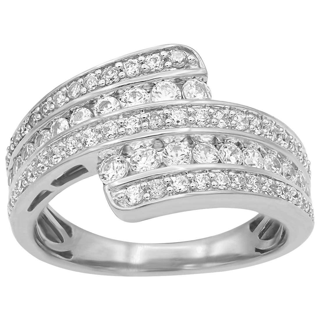 TJD 1.00 Carat Round Diamond 14 Karat White Gold Bypass Fashion Band Ring