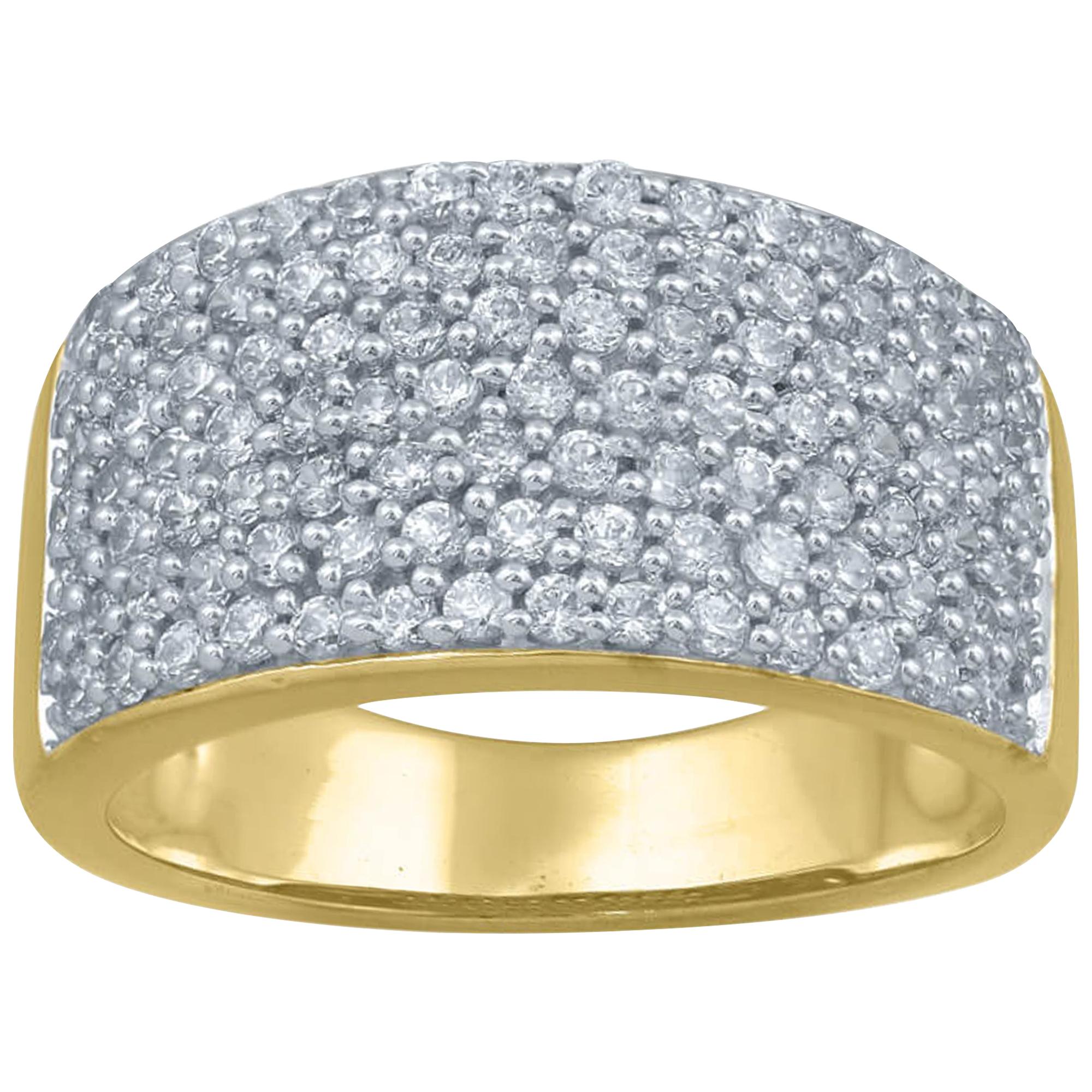 TJD 1 Carat Diamond 14 Karat Yellow Gold Multi-Row Wedding Anniversary Band Ring For Sale