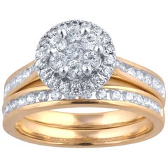 Used TJD 1.00 Carat Round Diamond 14 Karat Yellow Gold Halo Cluster Bridal Ring Set