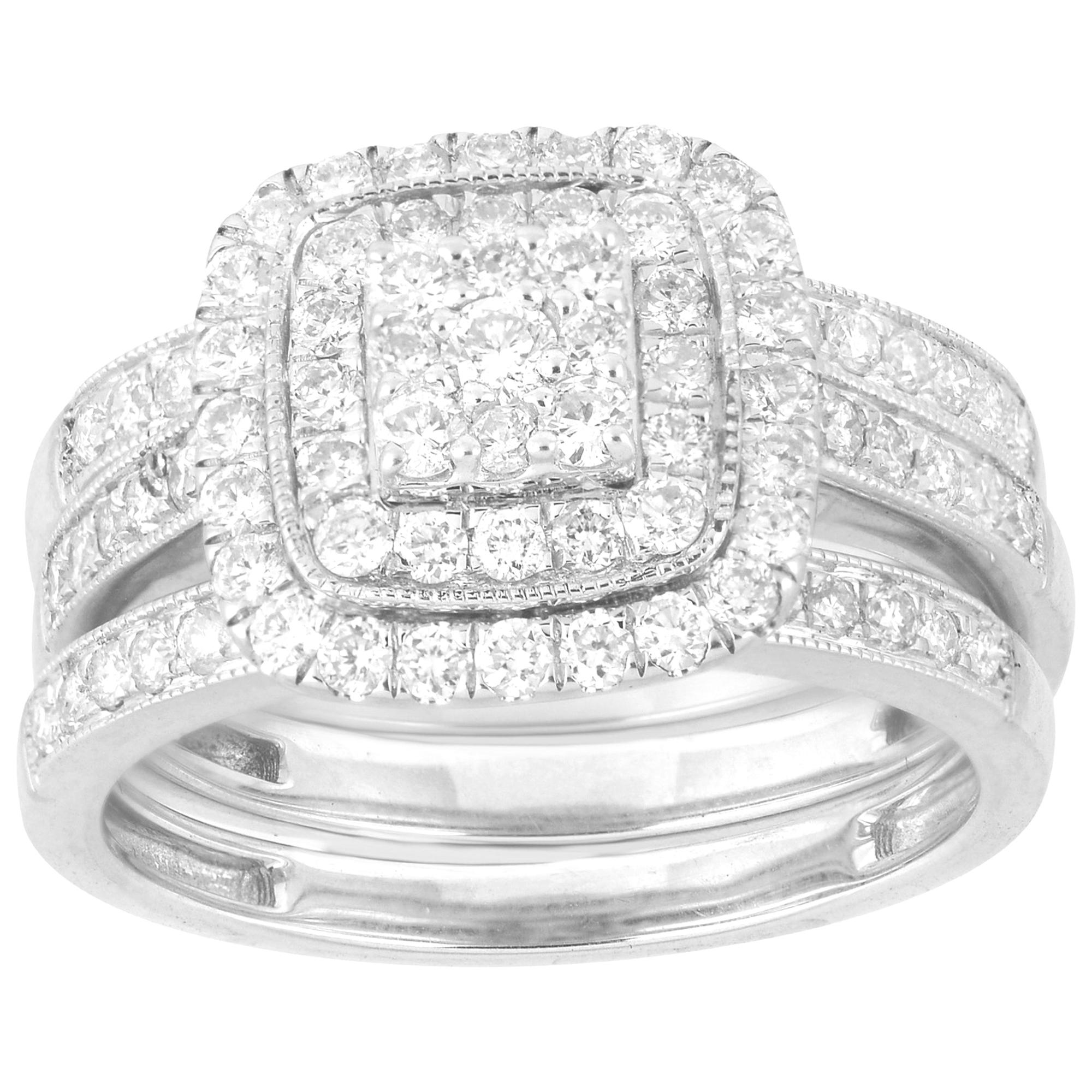 TJD 1.00 Carat Round Diamond 14K White Gold Cushion Shape Stackable Bridal Set