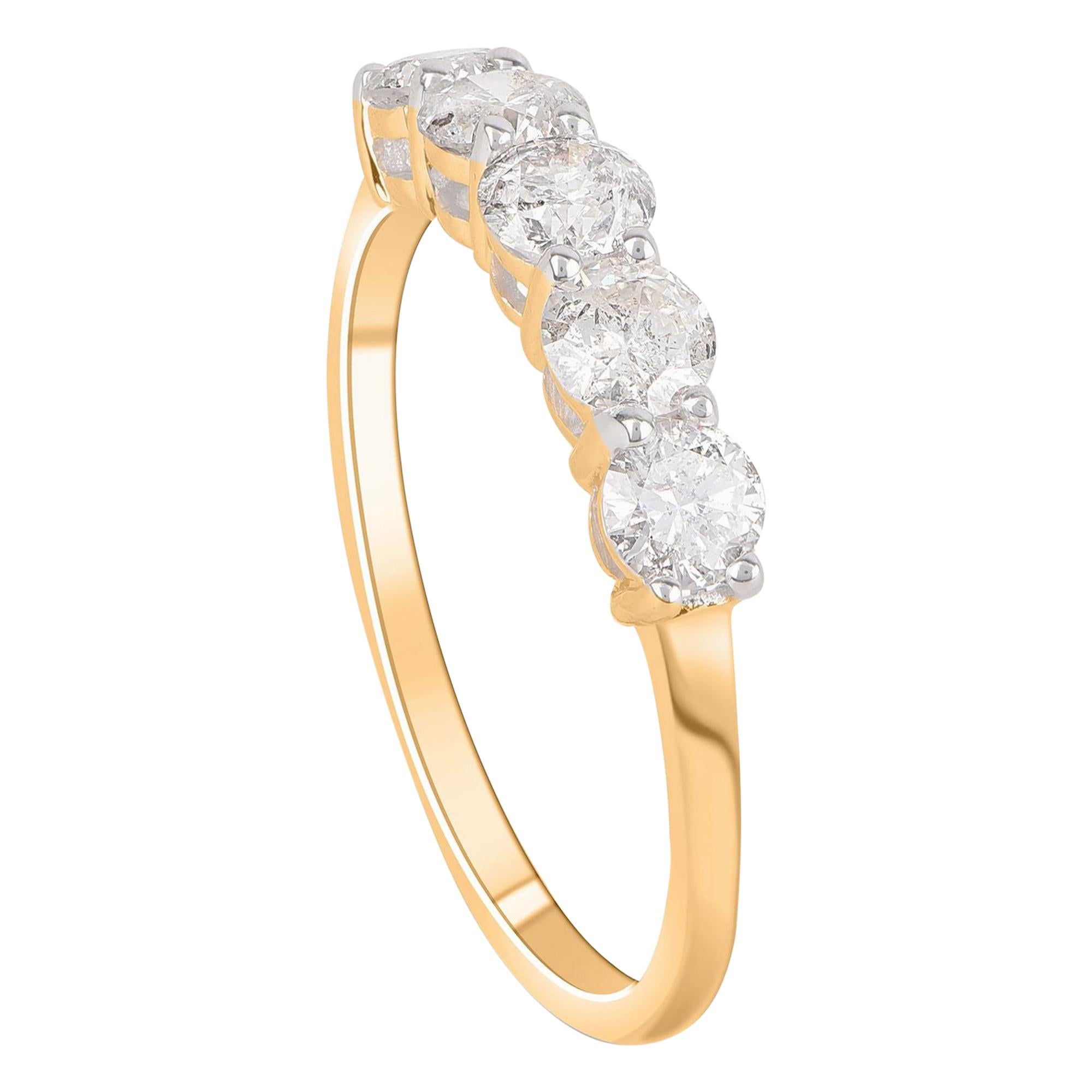 TJD 1.00 Carat Round 5 Stone 14 Karat Yellow Gold Wedding Anniversary Band Ring For Sale