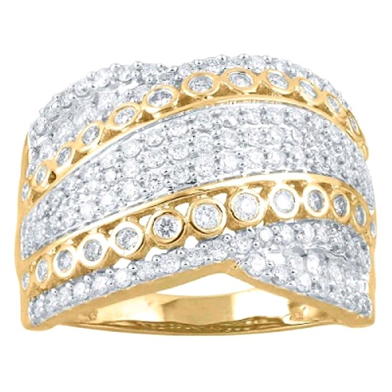 TJD 1 Carat Round Diamond 14 Karat Yellow Gold Crossover Wide Wedding Band Ring For Sale