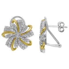 TJD 1.00 Carat Round Diamond 14 Karat Two Toned Gold Floral Design Stud Earrings