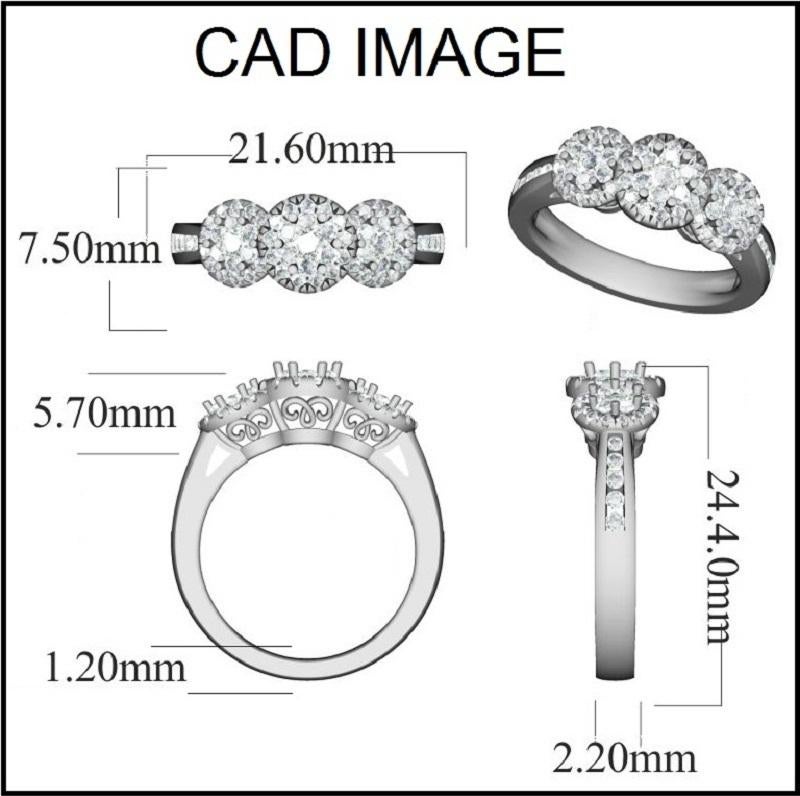 This triple cluster engagement ring is expertly crafted in 14 Karat White Gold and features 68 Round diamonds set in prong, pressure and channel setting, H-I color I2 clarity. This engagement ring has high polish finish and is a valuable addition to