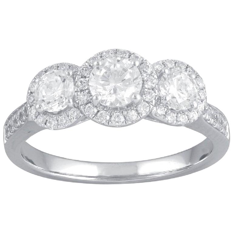 TJD 1.00 Carat Round Diamond 14 Karat White Gold 3-Stone Halo Engagement Ring For Sale