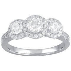TJD 1.00 Carat Round Diamond 14 Karat White Gold 3-Stone Halo Engagement Ring