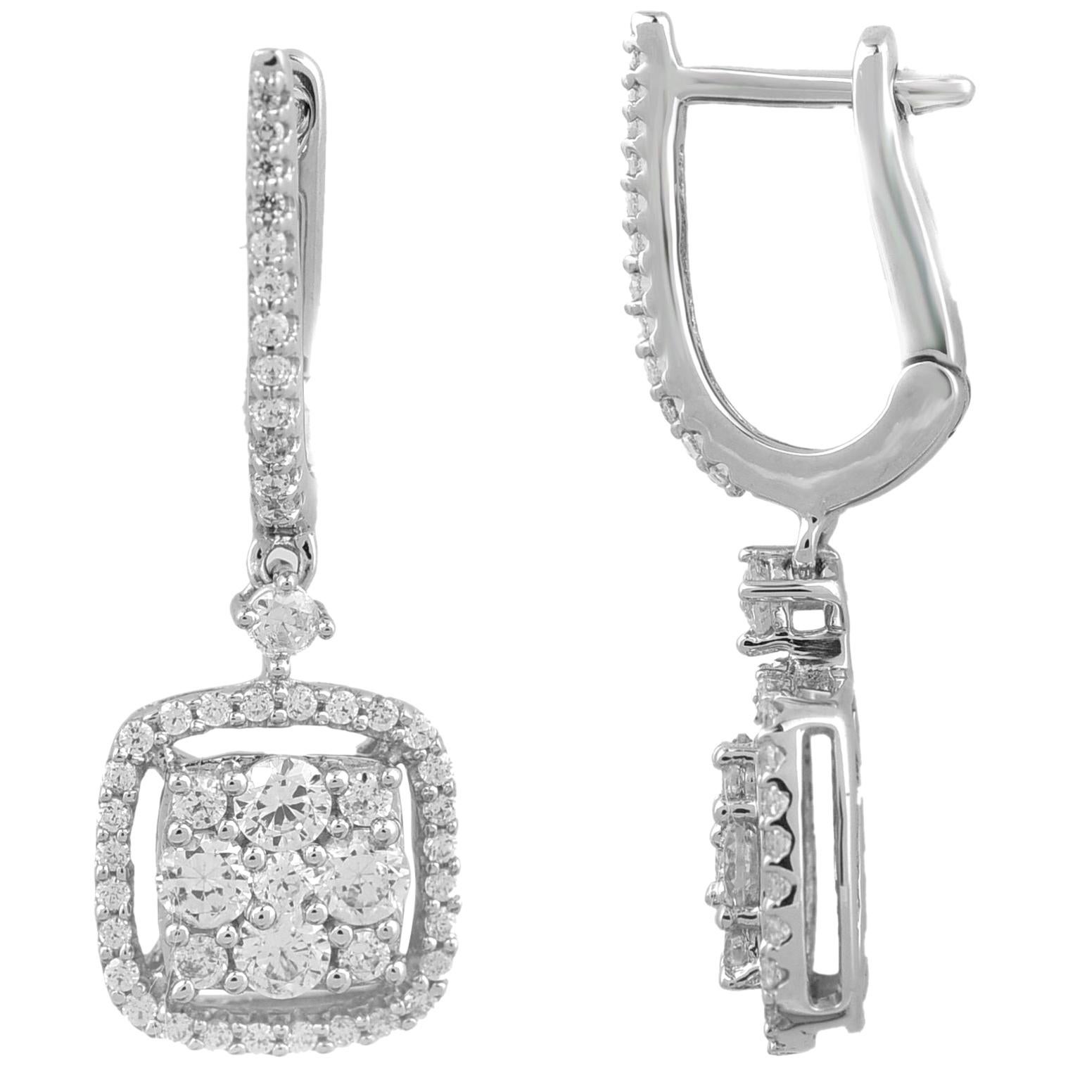 TJD 1.00 Carat Round Diamond 14 Karat White Gold Cushion Frame Drop Earrings