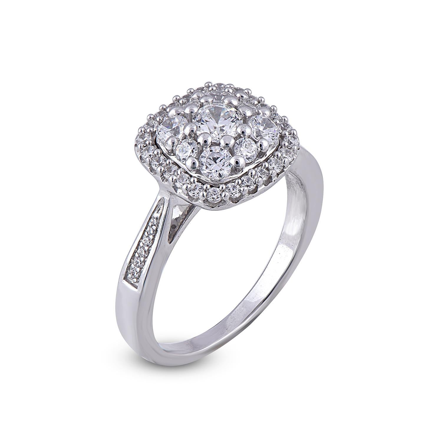 This cushion diamond wedding ring is sure to be admired for the inherent classic beauty and elegance within its design. The total weight of diamonds 1.00 carat, H-I color, I2 Clarity. This ring is beautifully crafted in 14 Karat White Gold and