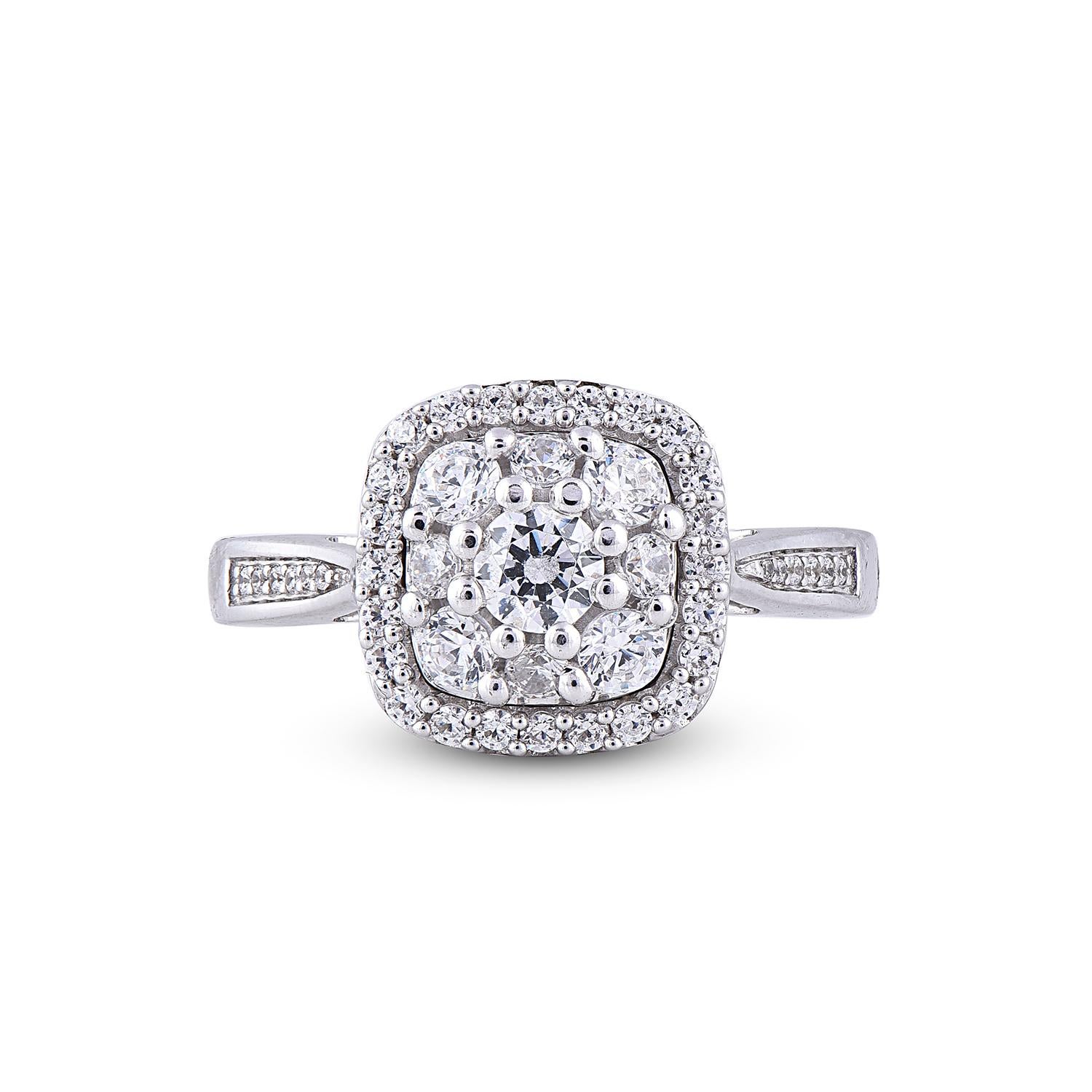 Round Cut TJD 1.00 Carat Round Diamond 14 Karat White Gold Cushion Shape Cluster Halo Ring For Sale