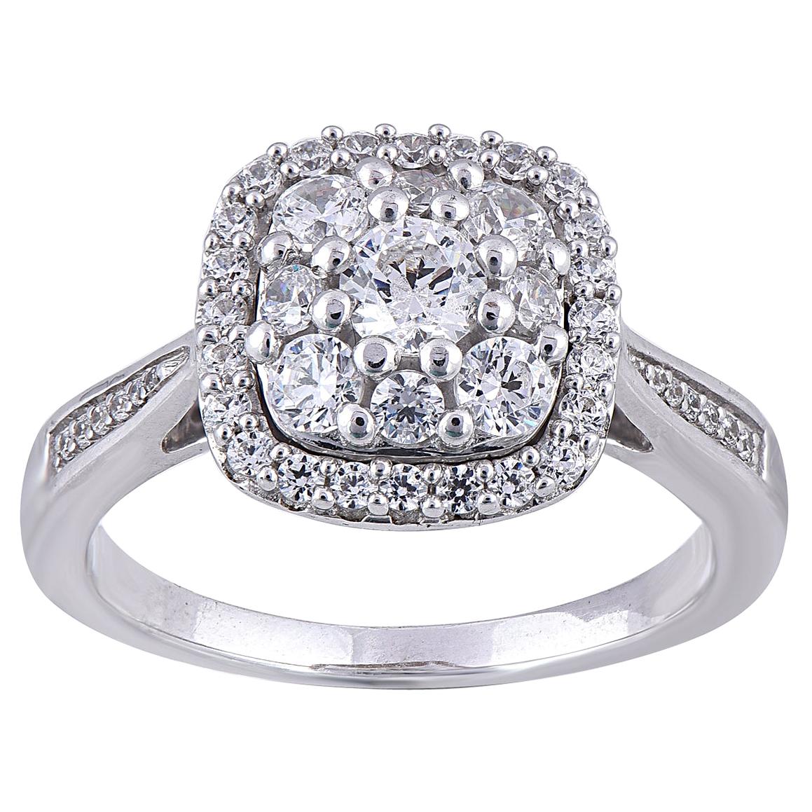 TJD 1.00 Carat Round Diamond 14 Karat White Gold Cushion Shape Cluster Halo Ring For Sale