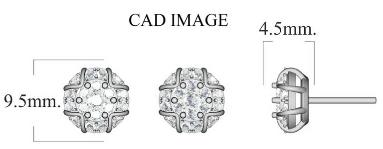 14 Karat White Gold cluster  Earrings With 38 Round Brilliant Diamonds timeless Diamond cluster stud earrings have 1.00 Carats of Round Brilliant set in pave, pressure and channel setting, H-I color I2 clarity. These sparkling post earrings secure