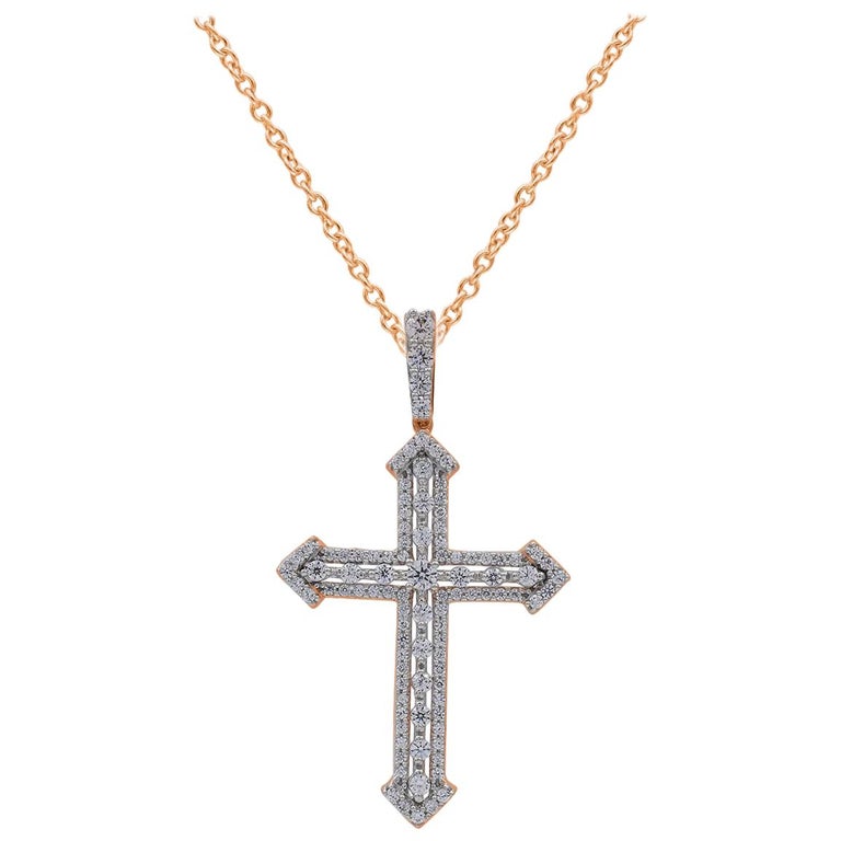 TJD 1.00 Carat Round Diamond 14 Karat Yellow Gold Designer Cross Fashion Pendant For Sale at 1stDibs