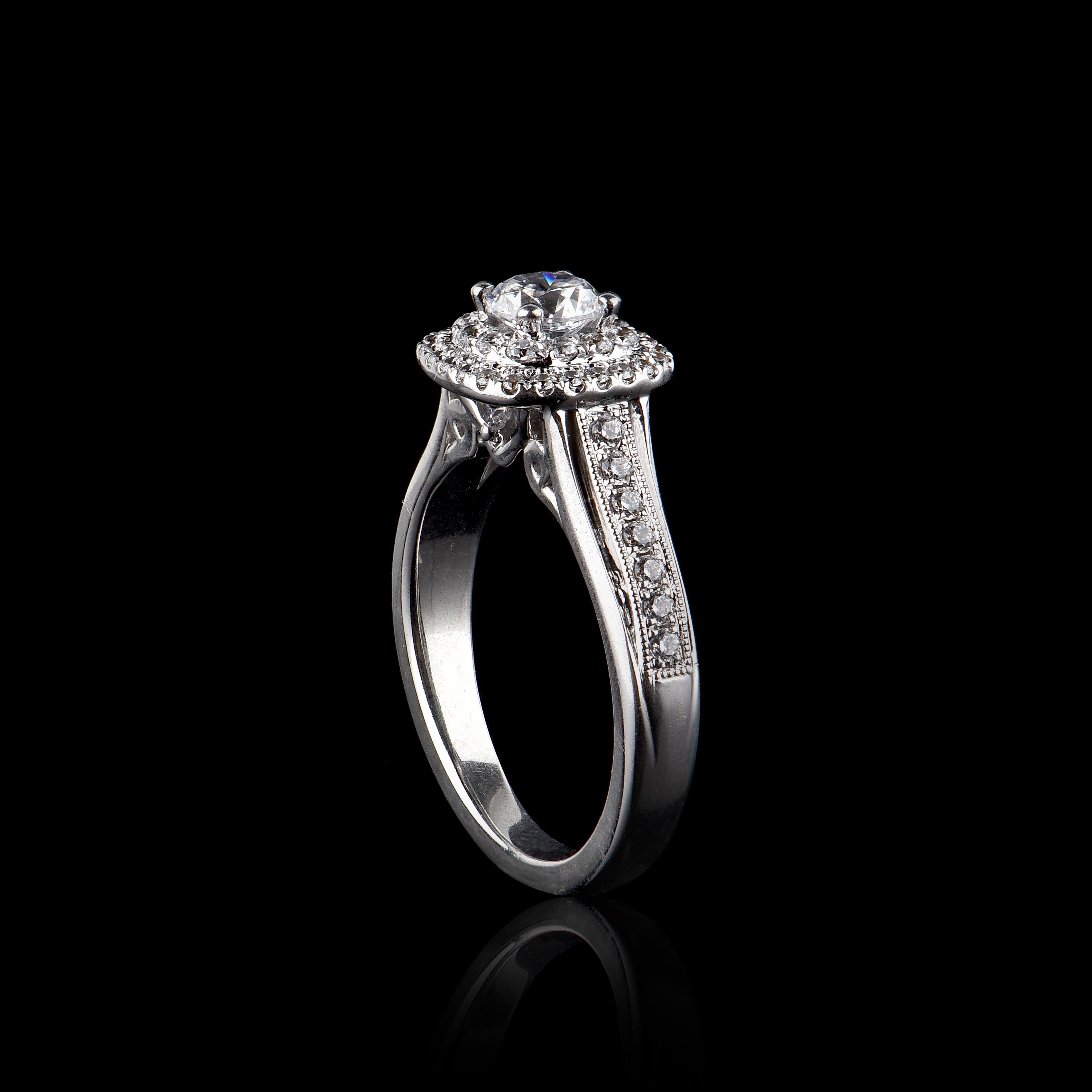 Round Cut TJD 1.00 Carat Round Diamond 14 Karat White Gold Double Halo Engagement Ring For Sale