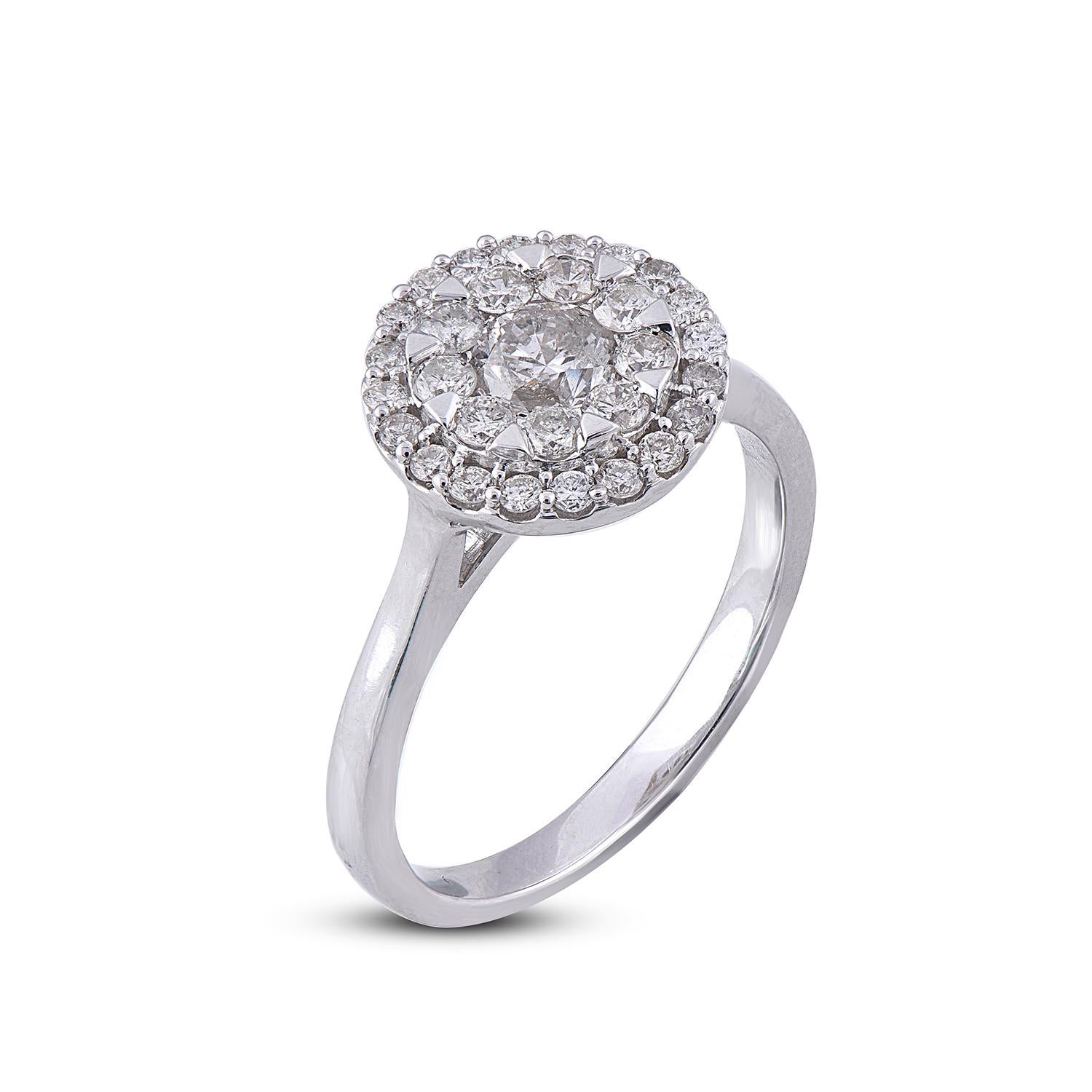 You'll adore the petite touch of shimmer these diamond engagement ring add to your attire. Beautifully hand-crafted by our inhouse experts in 14 karat White gold and embellished with 30 round diamonds set in prong setting and shimmers with H-I color