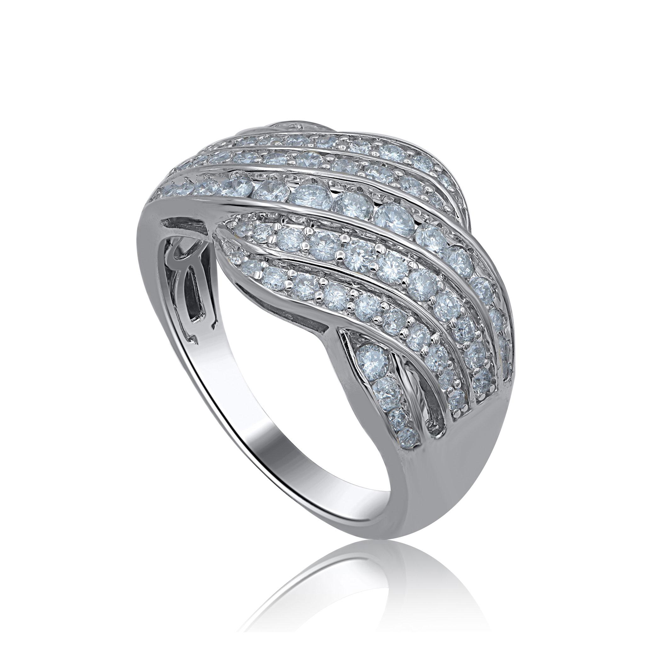 Truly exquisite, this  Multi row wave wide diamond  ring is sure to be admired for the inherent classic beauty and elegance within its design. The total weight of diamonds 1.00 carat, H-I color, I2 Clarity and studded with 67 round brilliant