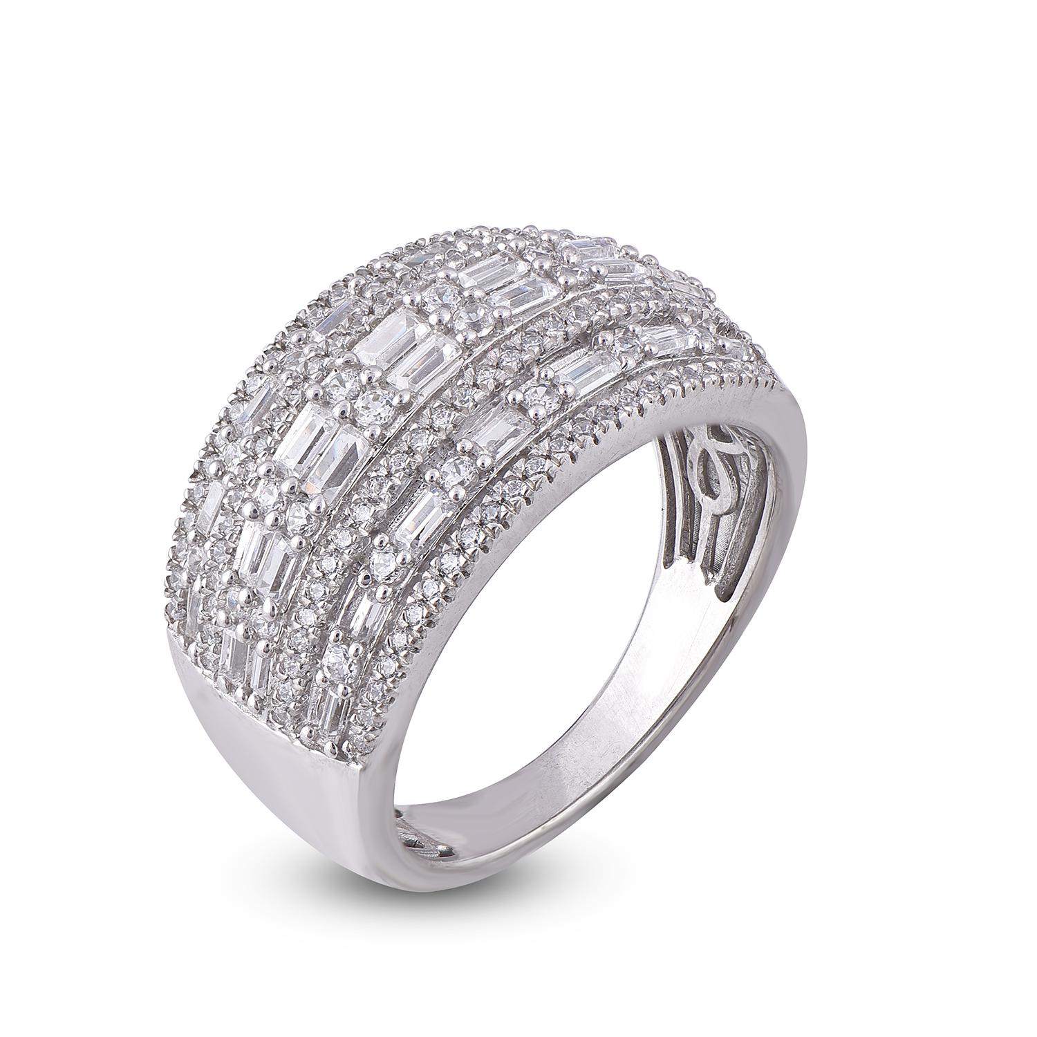 Say it with the timeless allure of gold complementing the beauty of diamond studded with 124 natural diamond and 28 Baguette cut diamond beautifully set in prong and channel setting. Fashioned in 14 karat White gold and 1.00 ct total diamond weight
