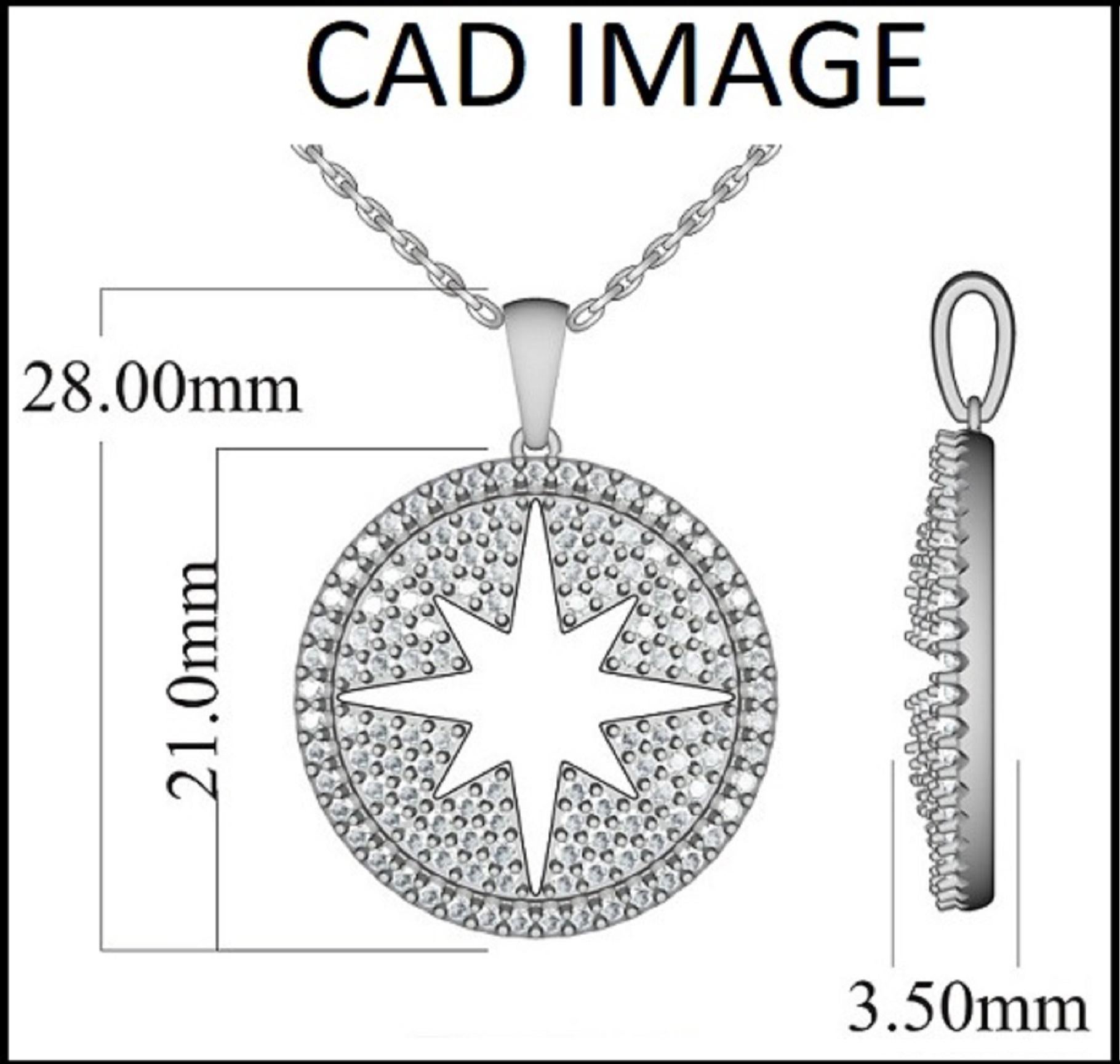 Étonnant et classique, ce pendentif étoilé est magnifiquement réalisé en or blanc massif 14K. Les diamants sont naturels, non traités et exempts de conflits, de couleur H-I et de pureté I2. Ce pendentif présente 125 diamants ronds en serti clos et
