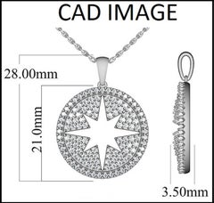 TJD 1.00 Carat Round Diamond 14 Karat White Gold Star Burst Circular Pendant