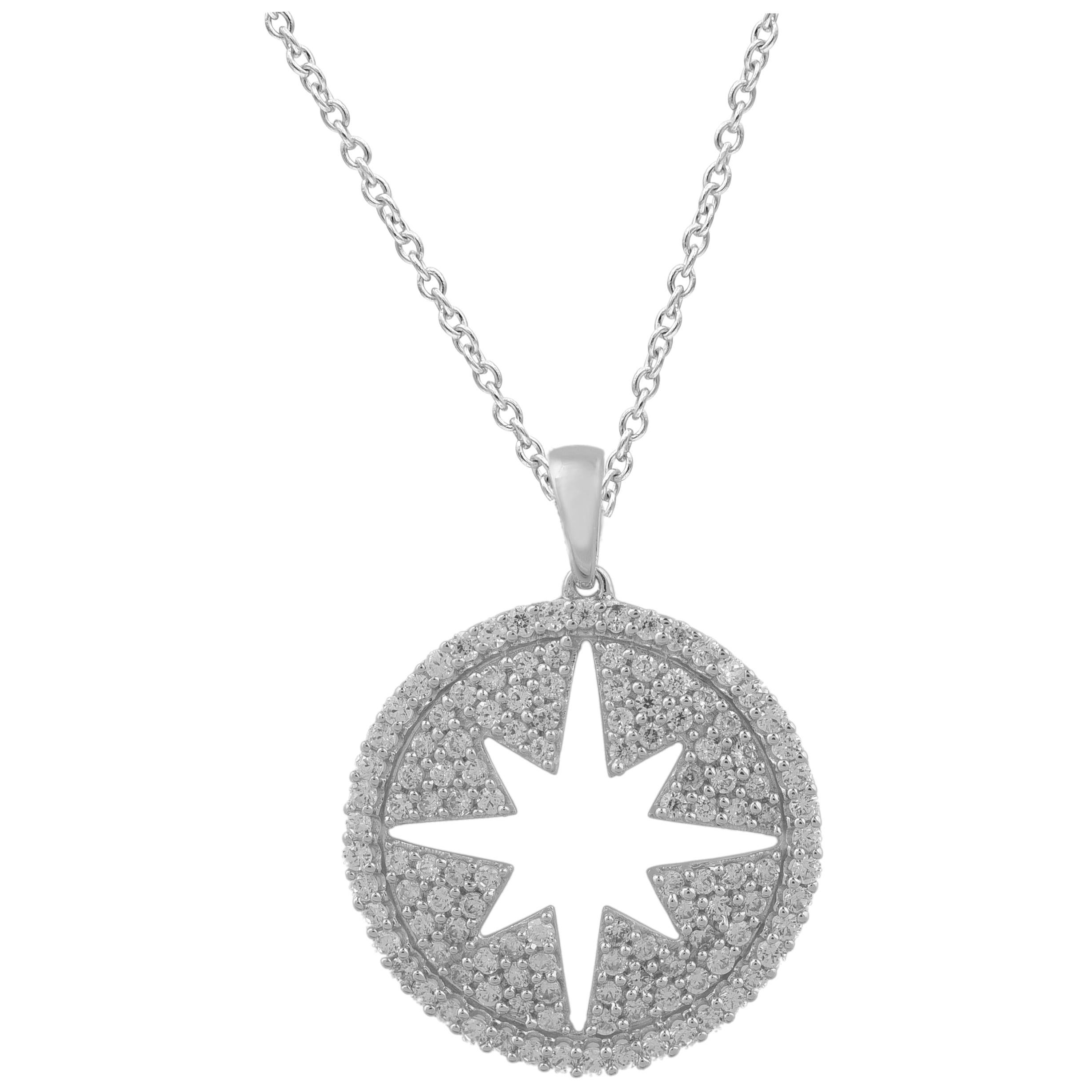 TJD 1.00 Carat Round Diamond 14 Karat White Gold Star Burst Circular Pendant For Sale
