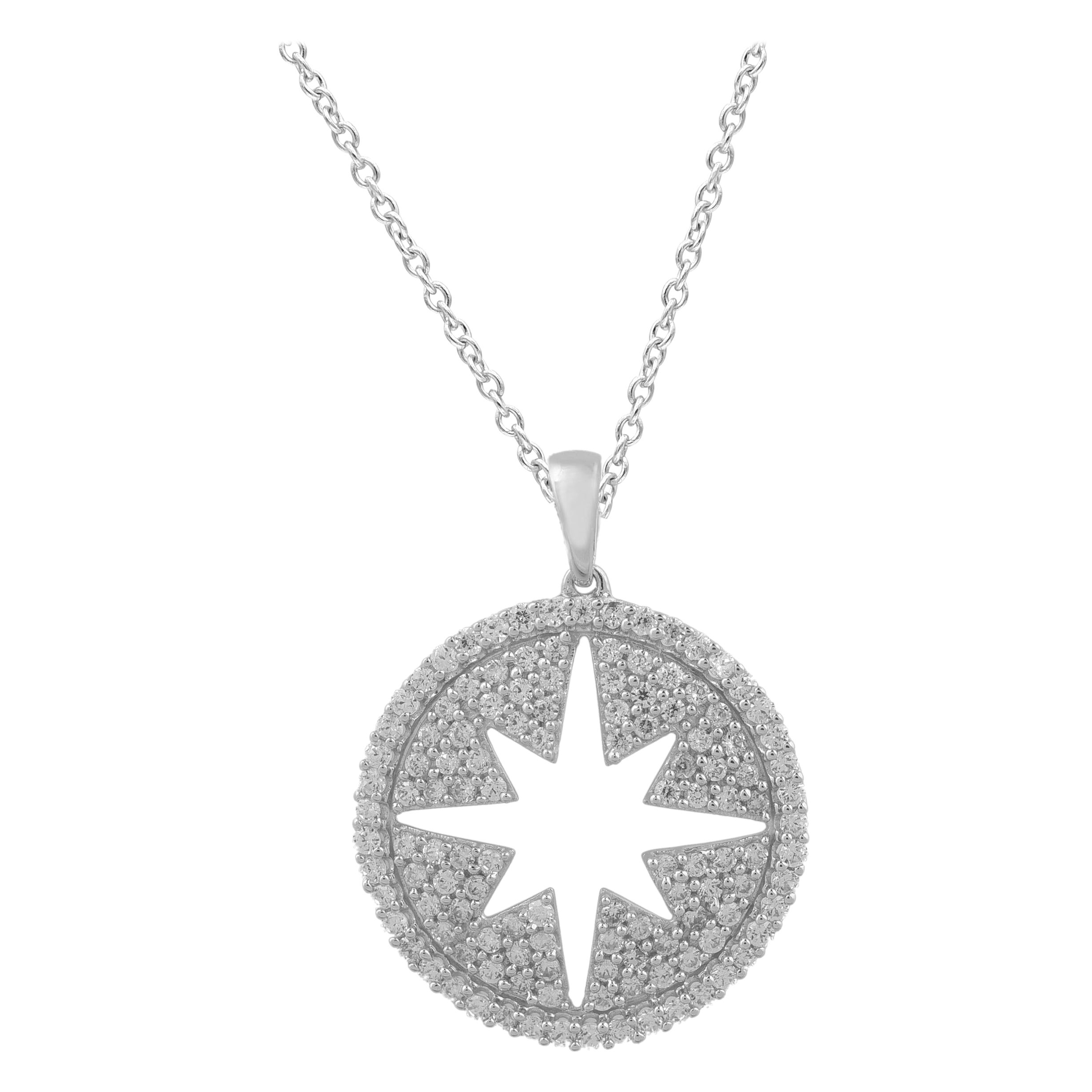 TJD 1.00 Carat Round Diamond 14 Karat White Gold Star Burst Circular Pendant