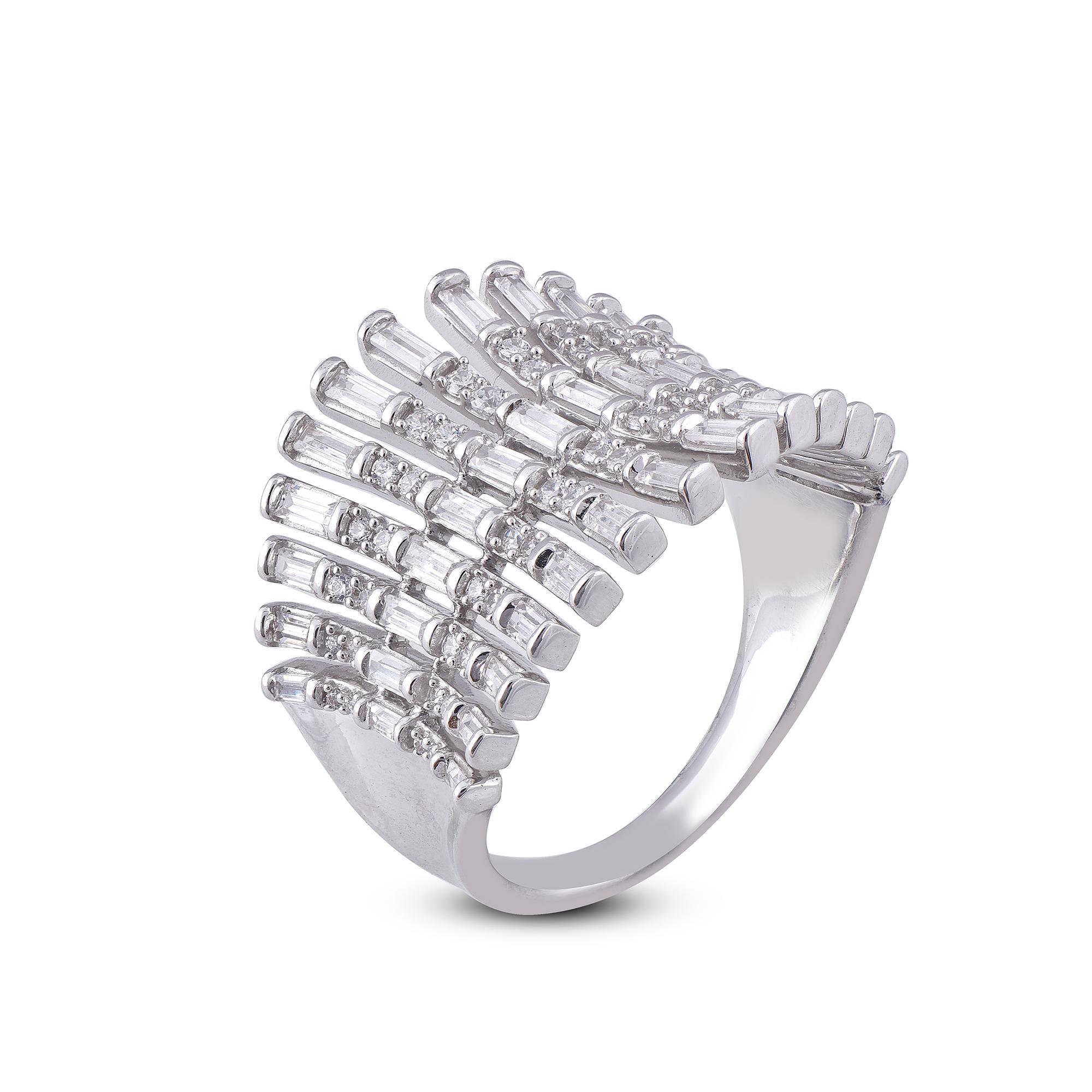 Beautiful Round Natural Diamond Fashion Ring. This ring is beautifully designed in 14 karat White Gold with 52 round and 39 Baguette diamonds in prong and pave setting. The total weight of diamonds 1.00 carat, H-I Color and I2 Clarity. This fashion