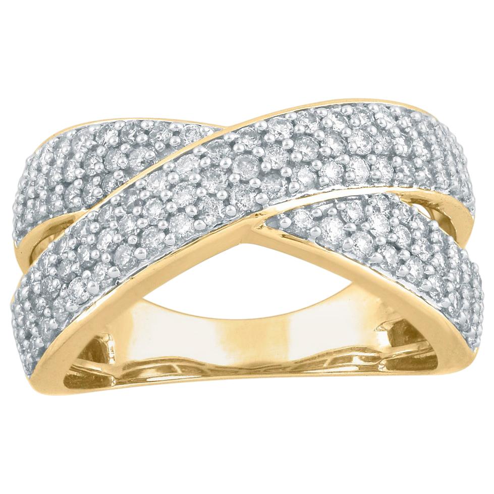 TJD 1.00 Carat Round Diamond 14 Karat Yellow Gold Crossover Wide Wedding Ring For Sale