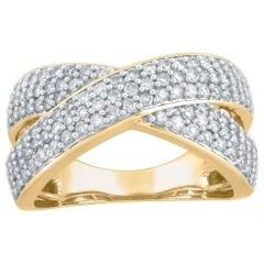 TJD 1.00 Carat Round Diamond 14 Karat Yellow Gold Crossover Wide Wedding Ring
