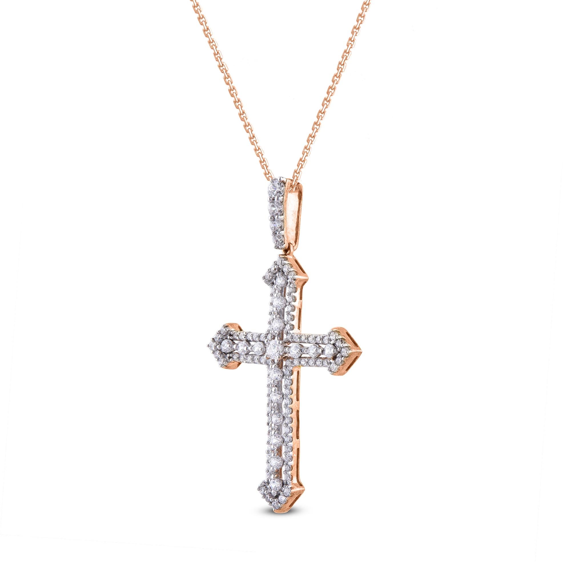 Let your faith shine with this simple and elegant cross pendant. The pendant is crafted from 14 karat gold in yellow gold and features 98 round natural diamond set in Prong setting. A high polish finish complete the Brilliant sophistication of this