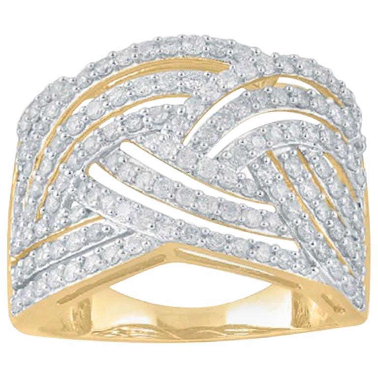 TJD 1.00 Carat Round Diamond 14 Karat Yellow Gold Designer Multi-Row Linear Ring For Sale