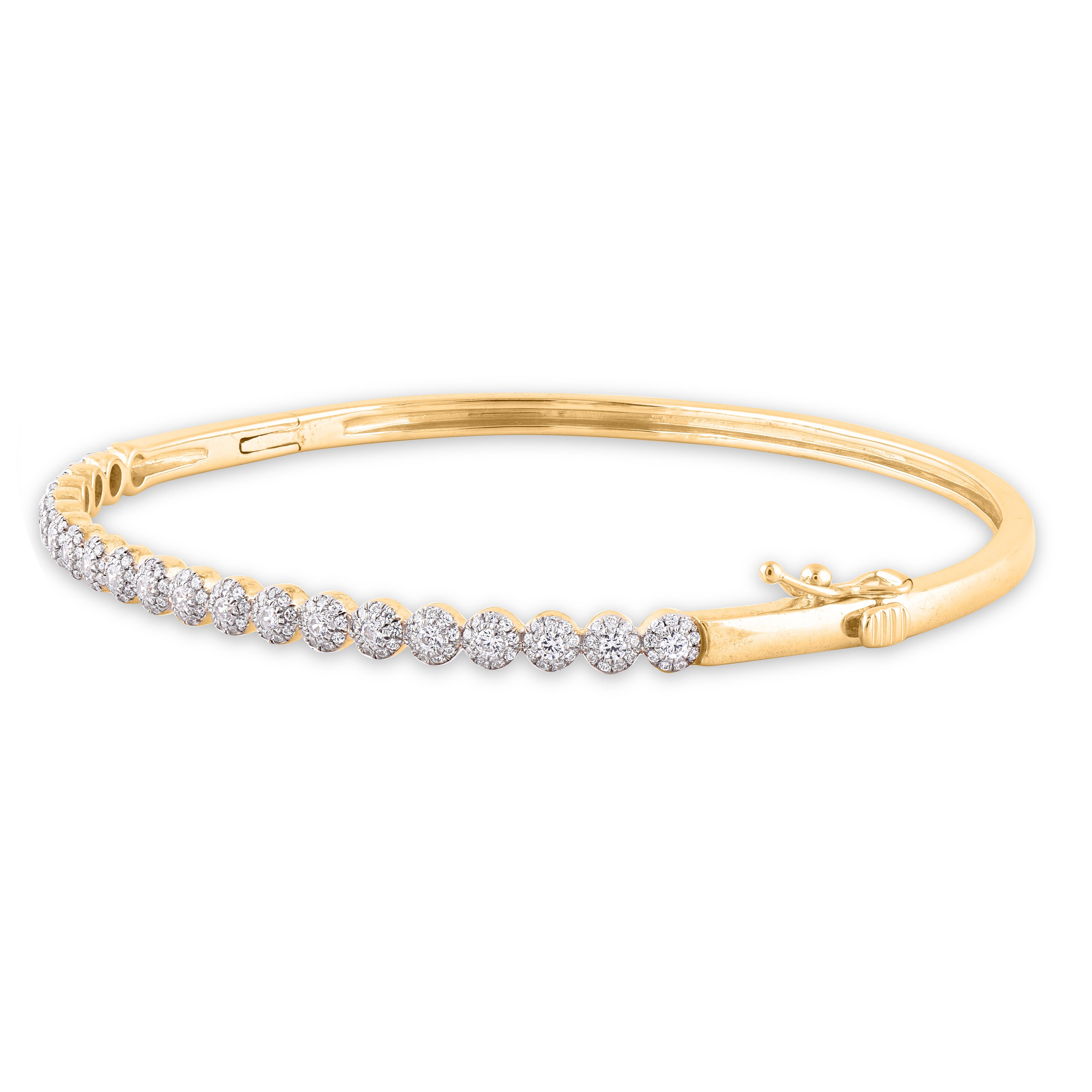 Experience the luxury and sophistication of this diamond frame tennis bangle. Made by our skillful craftsmen in 14 Karat White Gold and studded with 210 round brilliant-cut diamond set in micro-prong setting. The total weight of diamond is 1.00