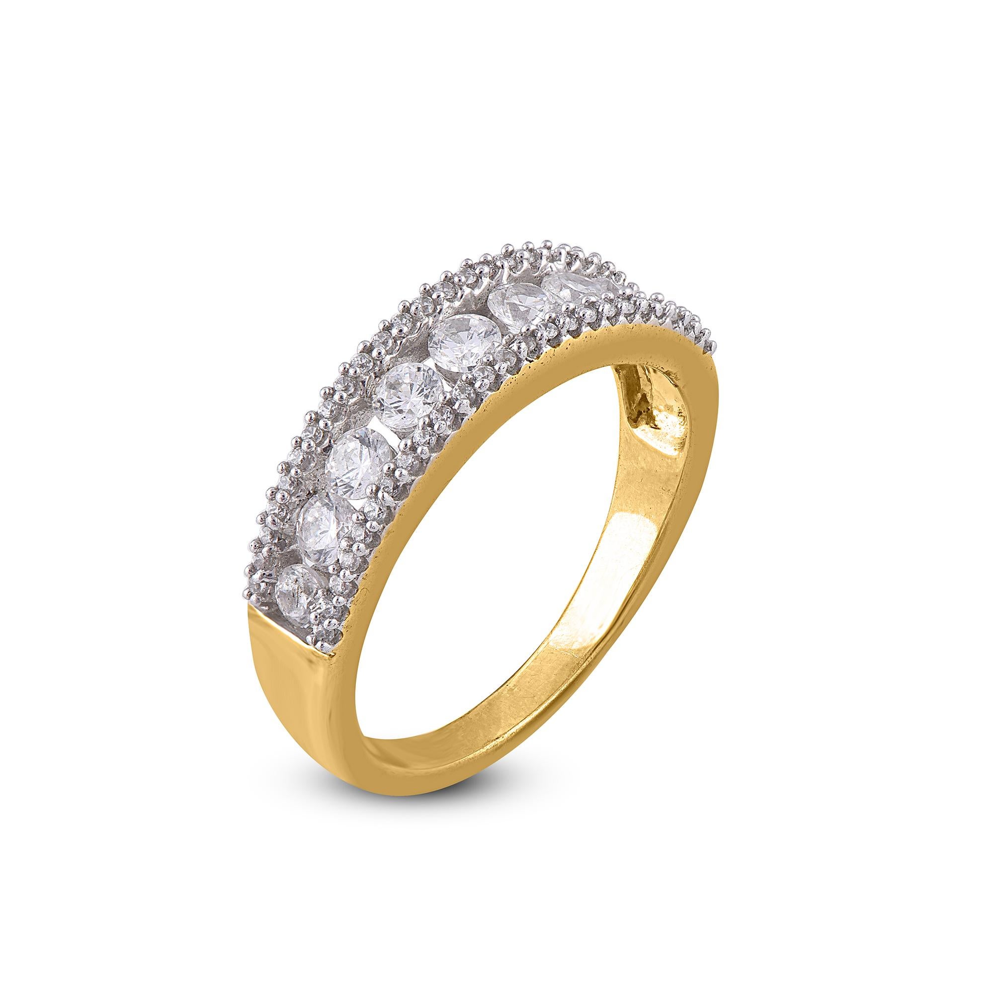 This triple row Diamond Wedding Band Ring is Accentuated with 59 round diamonds beautifully set in channel and micro-prong setting. The total diamond weight is 1.00 Carat and H-I color I2 Clarity and crafted in 14 Karat Yellow Gold
