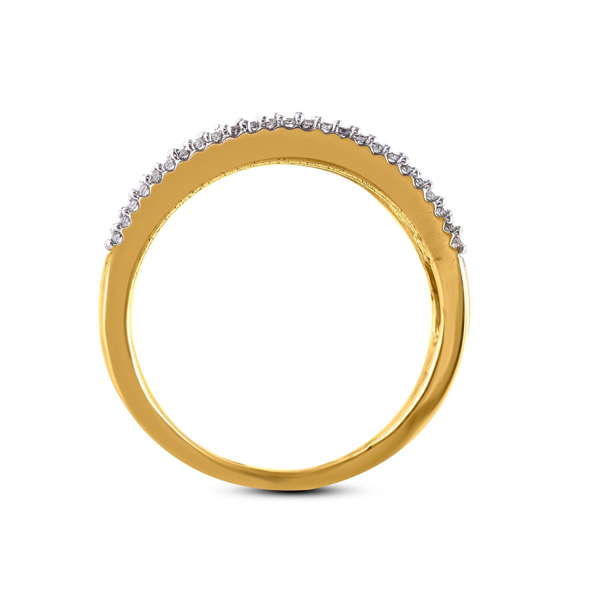 Women's TJD 1.00 Carat Round Diamond 14 Karat Yellow Gold Three-Row Wedding Band Ring For Sale