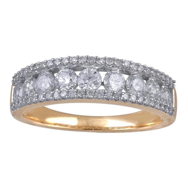 TJD 1.00 Carat Round Diamond 14 Karat Yellow Gold Three-Row Wedding Band Ring For Sale
