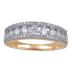 TJD 1.00 Carat Round Diamond 14 Karat Yellow Gold Three-Row Wedding Band Ring