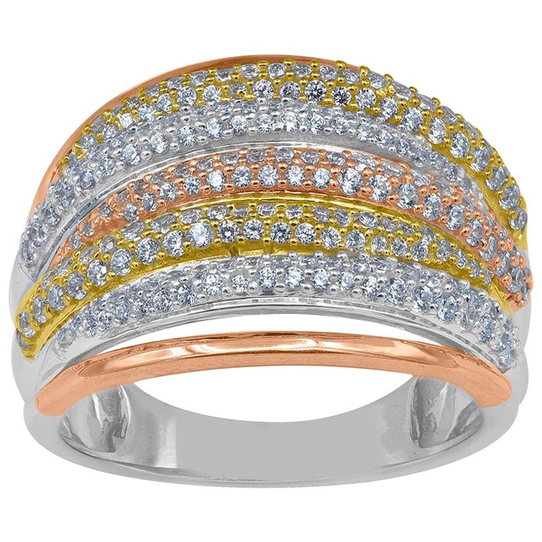 TJD 1.00 Carat Round Diamond 14K Tri Color Gold Designer Wide Wedding Band Ring For Sale