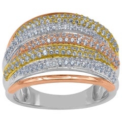 Used TJD 1.00 Carat Round Diamond 14K Tri Color Gold Designer Wide Wedding Band Ring