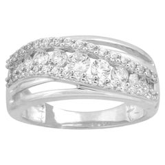 TJD 1.00 Carat Round Diamond 14 Kt White Gold Three Row Wave Wedding Band Ring