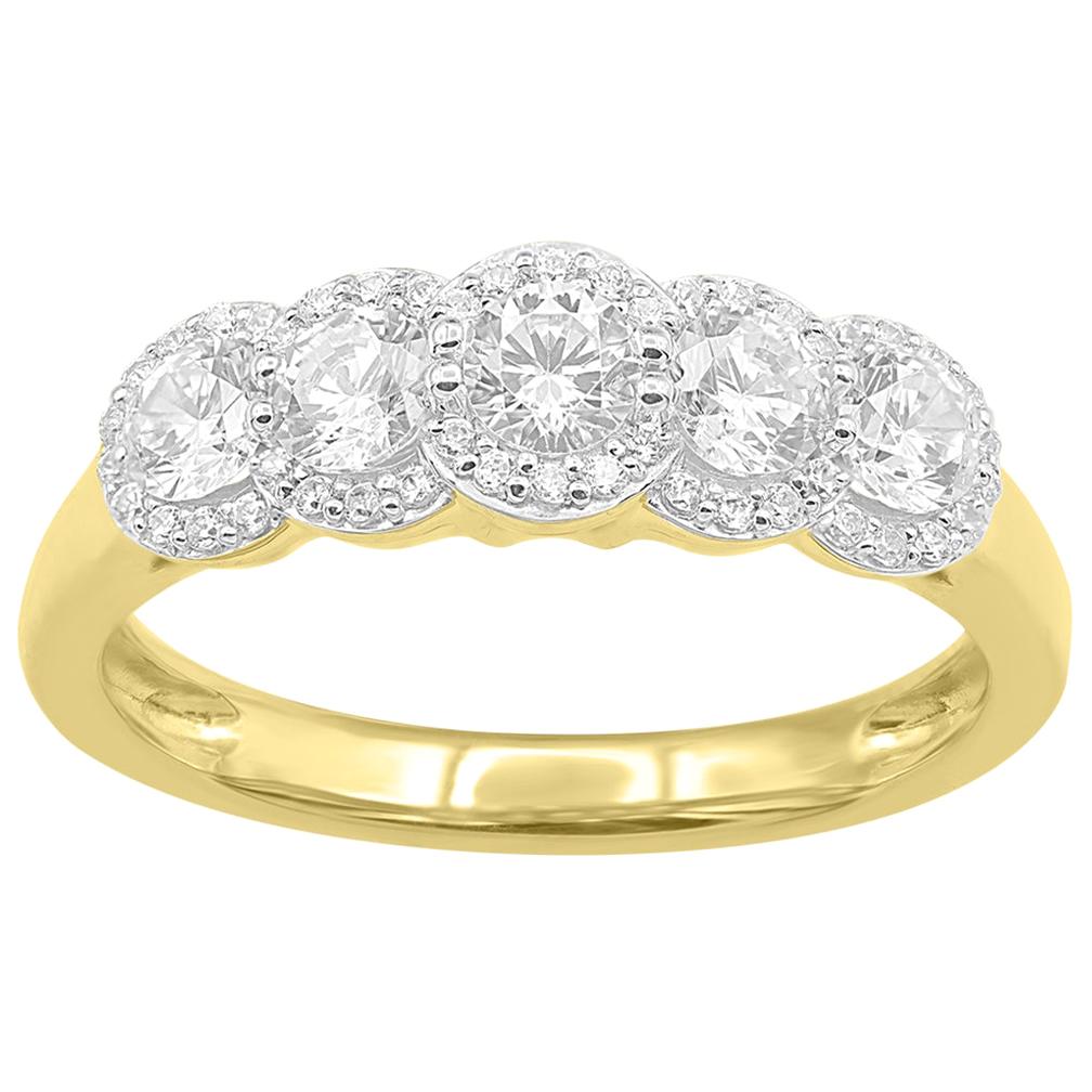 TJD 1.00 Carat Round Diamond 14K Yellow Gold 5-Stone Halo Anniversary Band Ring For Sale