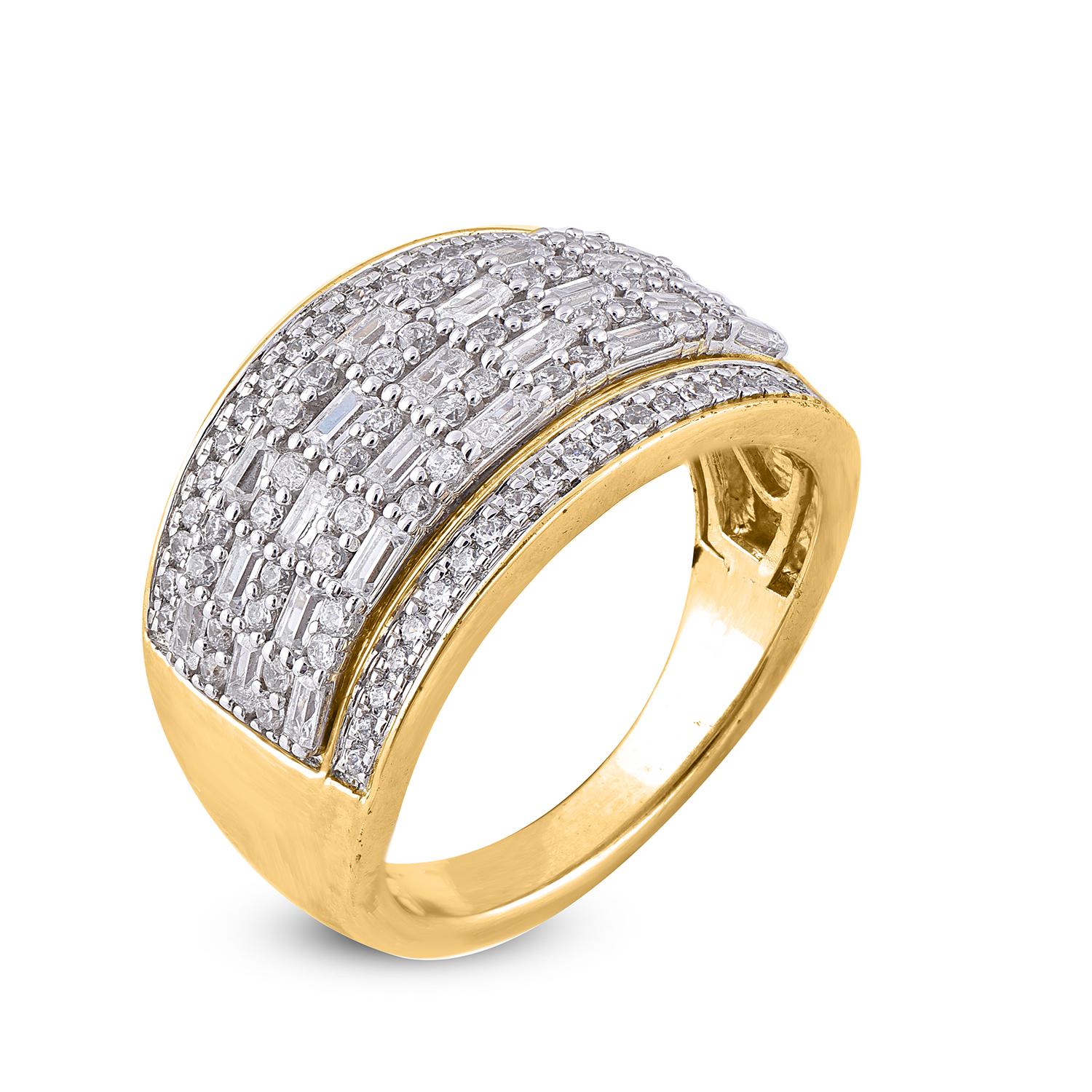 Stunning with color and sparkle, this wide wedding ring proclaims her sophistication. The ring is crafted from 14 karat gold in your choice of white, rose, or yellow, and features Round 122 white diamonds, pave set, H-I color I2 clarity and a high