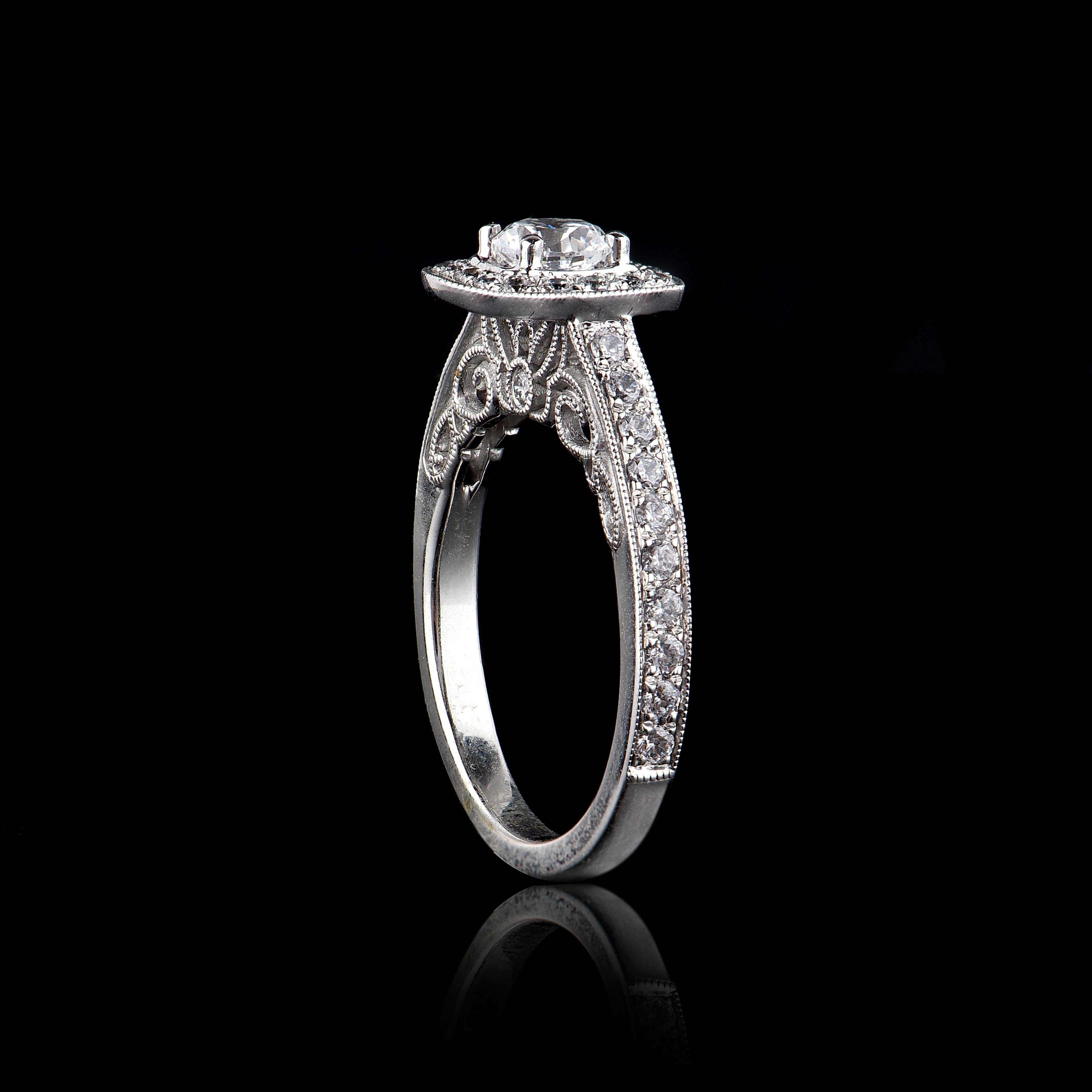 Round Cut TJD 1.00 Carat Round Diamond 18 Karat White Gold Art Deco Style Square Ring For Sale
