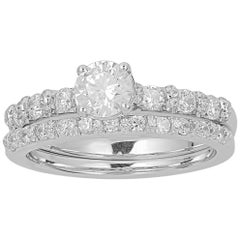 TJD 1.00 Carat Round Diamond 18 Karat White Gold Classic Wedding Bridal Set Ring