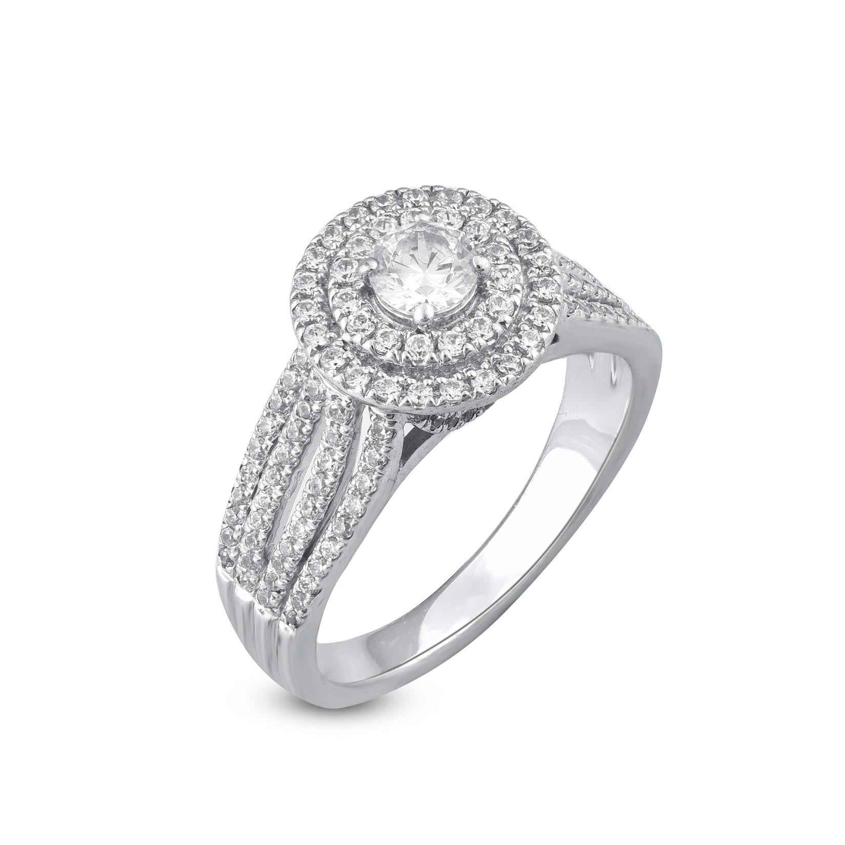 Beautiful Round Natural Diamond Double Frame Engagement Ring. This ring is beautifully designed in 18 karat white gold with 136 round diamond 0.33ct Centre stone and 0.67ct diamond frame and shank lined diamonds set in prong and pave setting. The