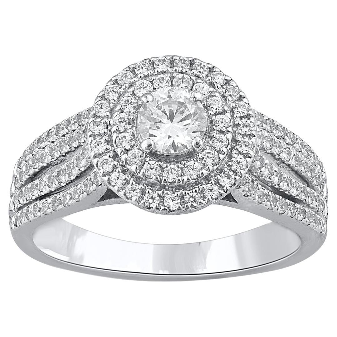 TJD 1.00 Carat Round Diamond 18 Karat White Gold Cushion Shape Double Halo Ring For Sale