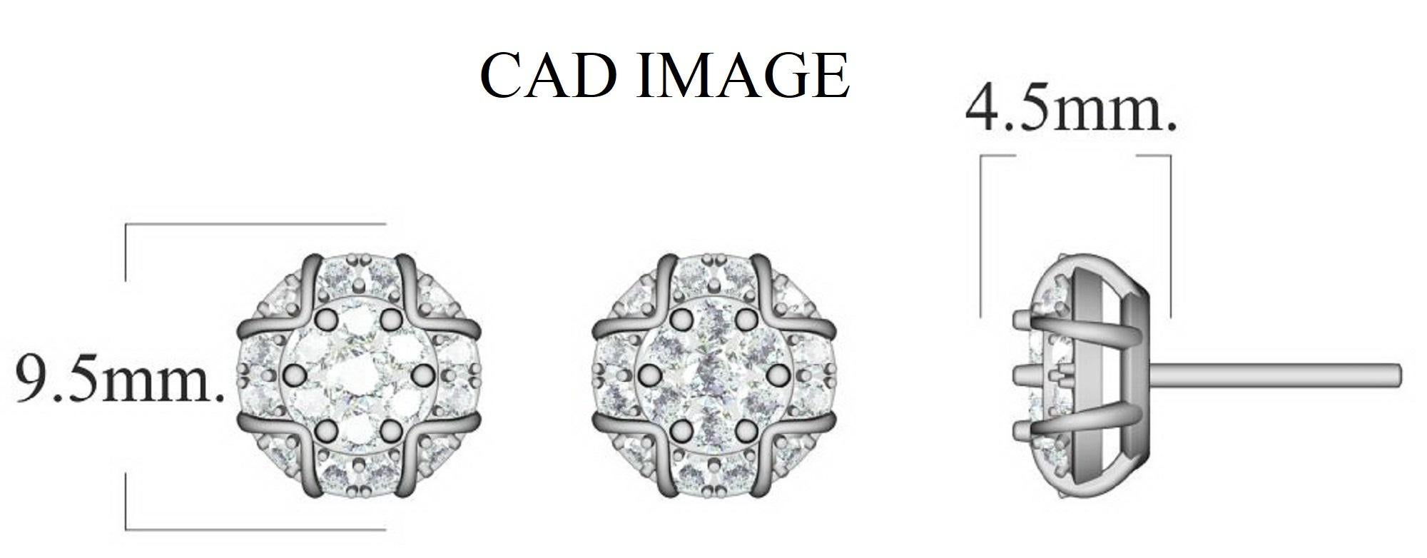 18 Karat White Gold cluster  Earrings With 38 Round Brilliant Diamonds timeless Diamond cluster stud earrings have 1.00 Carats of Round Brilliant set in pave, pressure and channel setting, H-I color I2 clarity. These sparkling post earrings secure