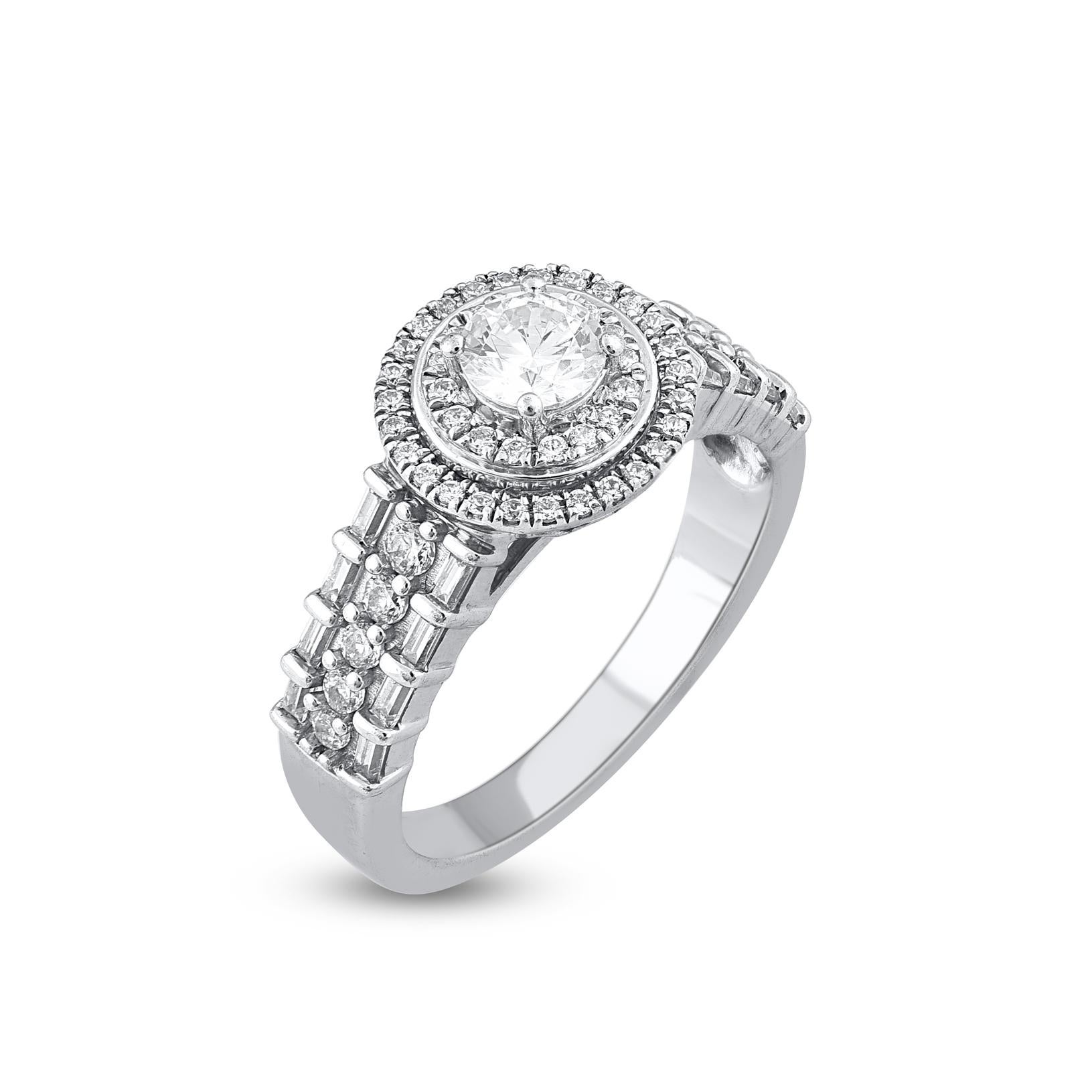 This Halo Engagement Ring is expertly crafted in 18 Karat White Gold and features 0.39ct center stone and 0.38ct of 53 round and 16 Baguette diamond double frame and lined shank in prong and channel setting. The diamonds are natural, not treated and