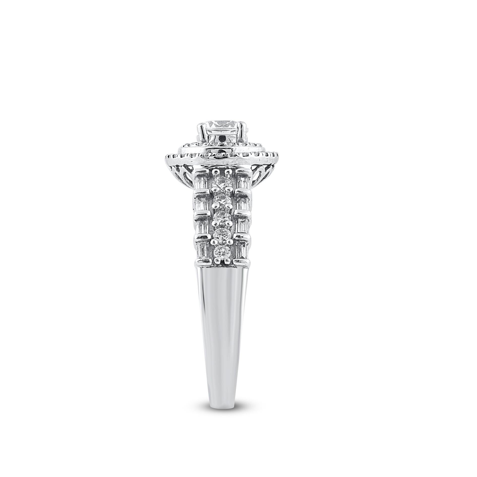 Round Cut TJD 1.00 Carat Round Diamond 18 Karat White Gold Double Halo Engagement Ring For Sale