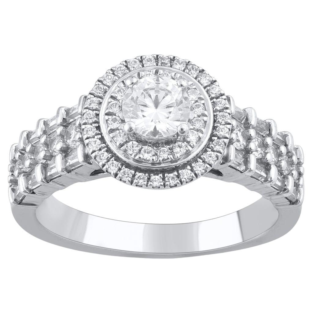 TJD 1.00 Carat Round Diamond 18 Karat White Gold Double Halo Engagement Ring For Sale