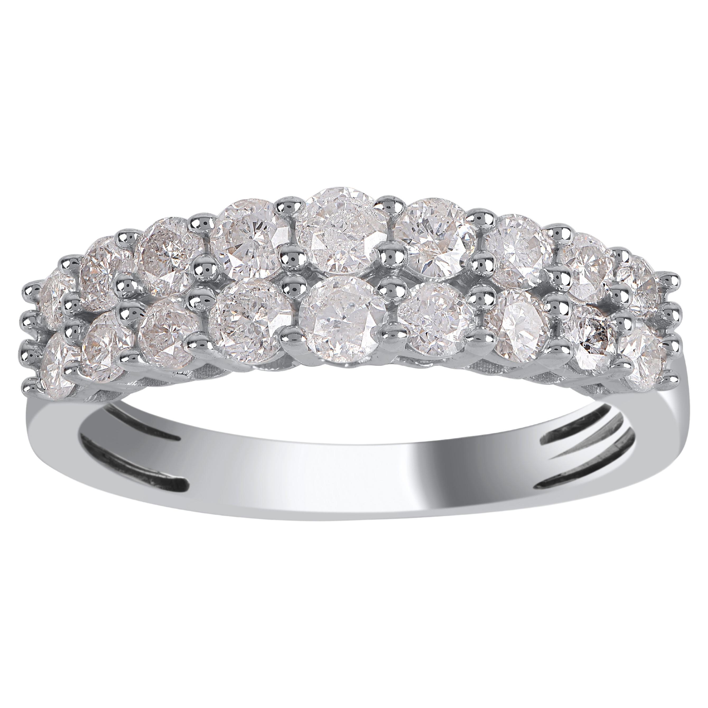 TJD 1.00 Carat Round Diamond 18 Karat White Gold Double Row Prong Set Ring For Sale