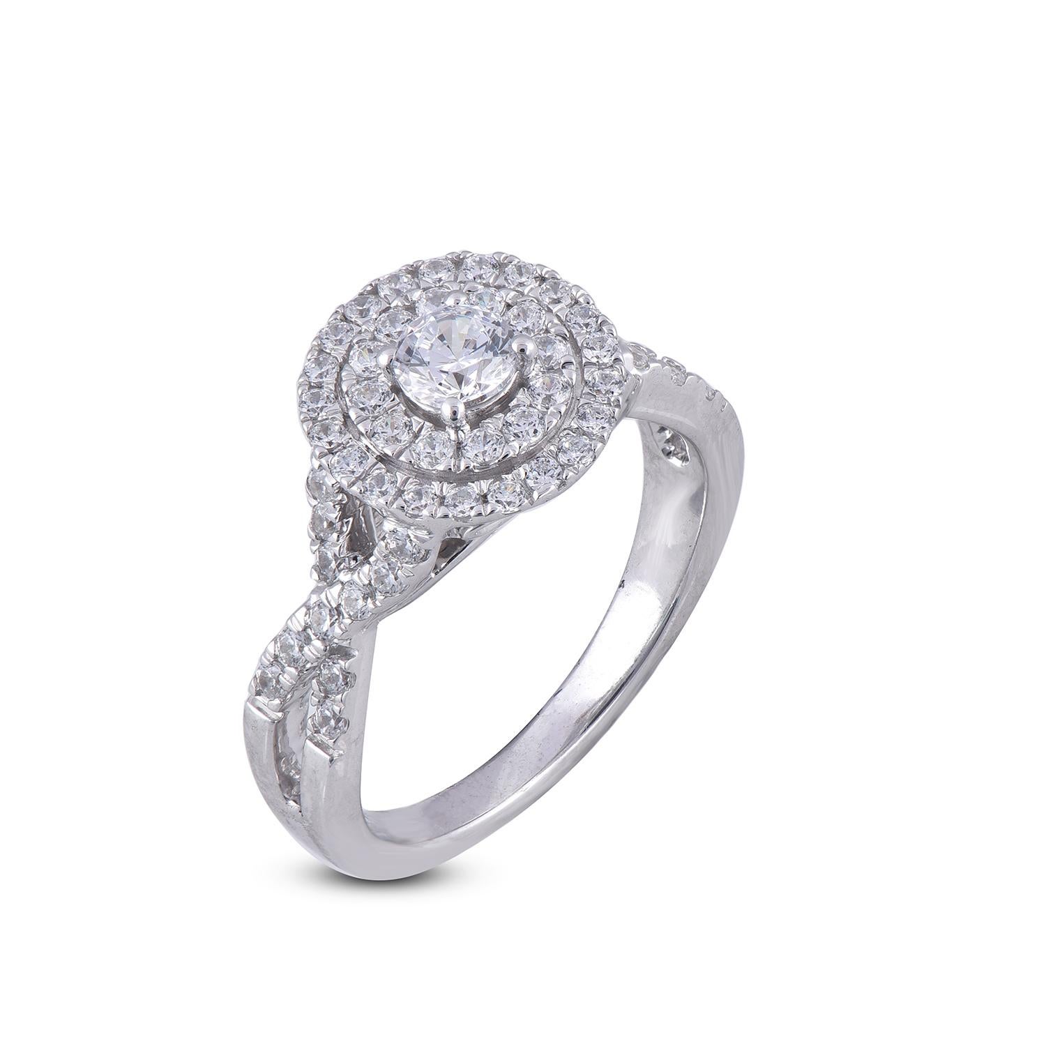 This mesmerizing ring must have in your collection. this design crafted in 18 Karat white gold and it's features 0.33 ct of centre stone and 0.67 ct of frame and shank lined 56 round and diamond set in prong and pave setting. The diamond are
